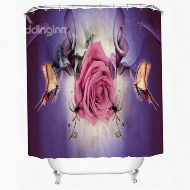 Pink Rose And Magic Butterfly Print 3d Bathroom Shower Curtain