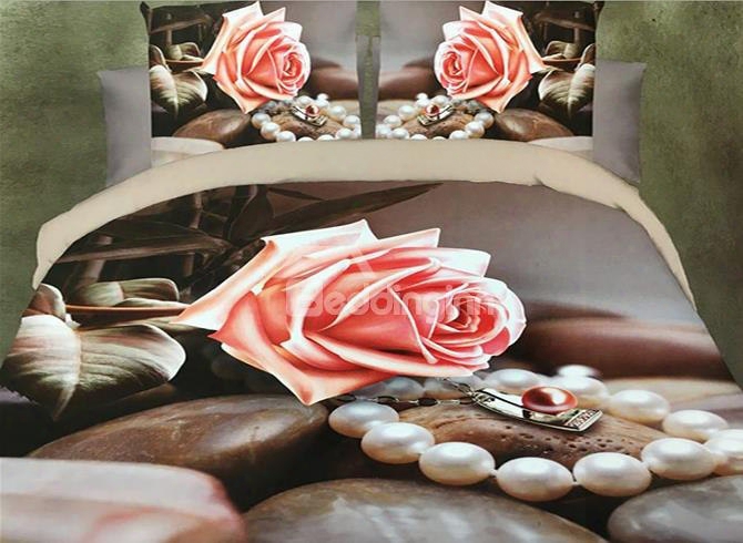 Pink Rose And Pearl Print 4-piece Polyester 3d Duvet Cover