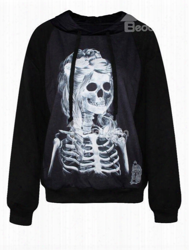 Pretty Long Sleeve Skull Girl Pattern 3d Painted Hoodie