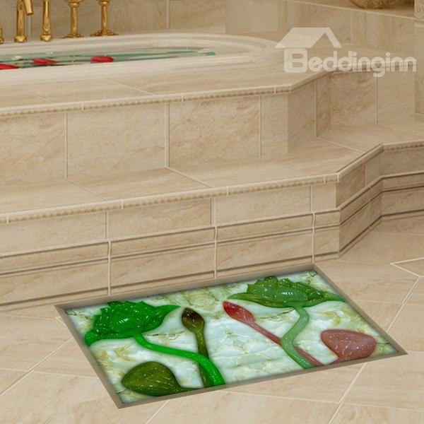 Rectangle Green Lotus Pattern Slipping-preventing Water-proof Bathroom 3d Floor Sticker