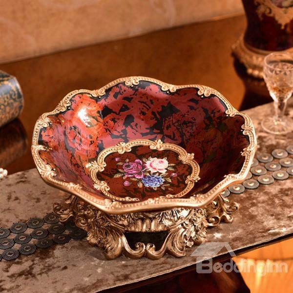 Red Creative Resin Rund Flower Pattern Compote Painted Pottery