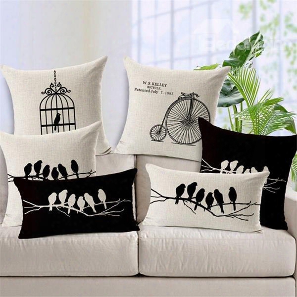 Retro Style Bird Silhouette Print Throw Pillow Case