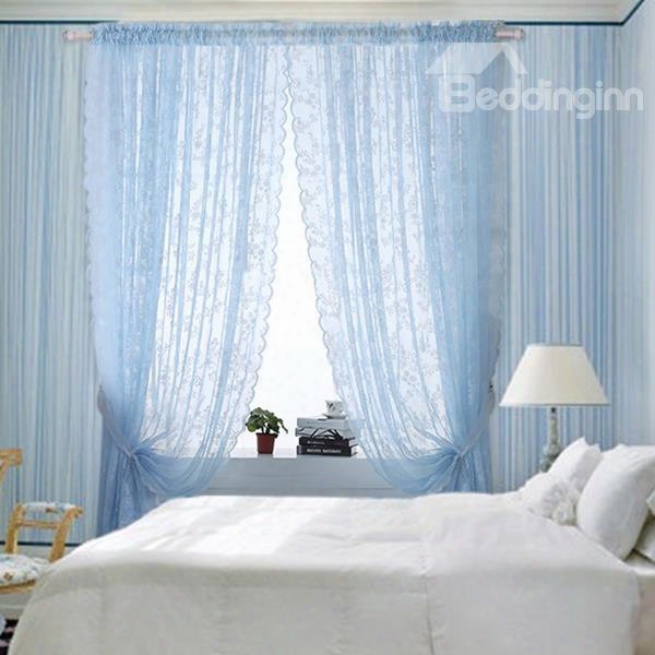 Romantic Blue Lace Sheer Curtain With Waves Edge