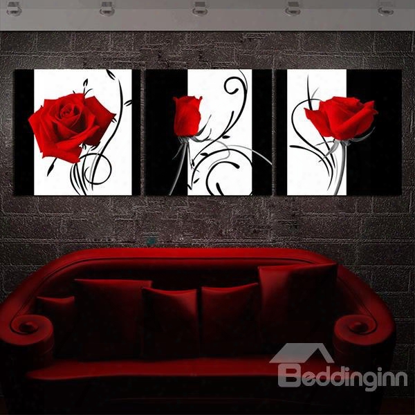 Romantic Roses With Abstract Lines Canvas 3-panel Wall Art Prints
