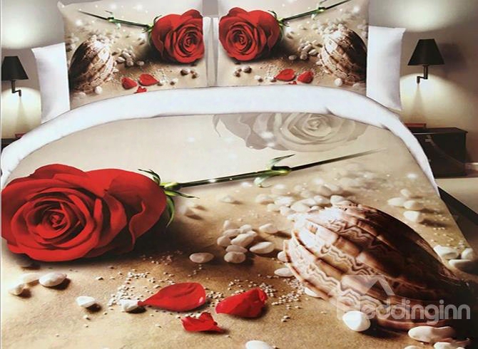 Rose And Conch On Beach Print 4-piece Polyester 3d Duvet Cover