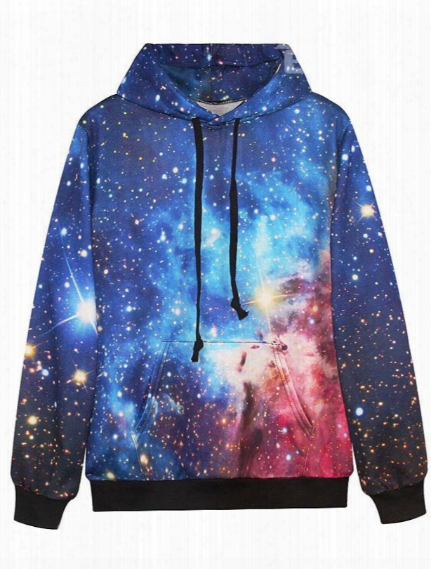 Shining Long Sleeve Blue Galaxy Pattern Pocket 3d Painted Hoodie