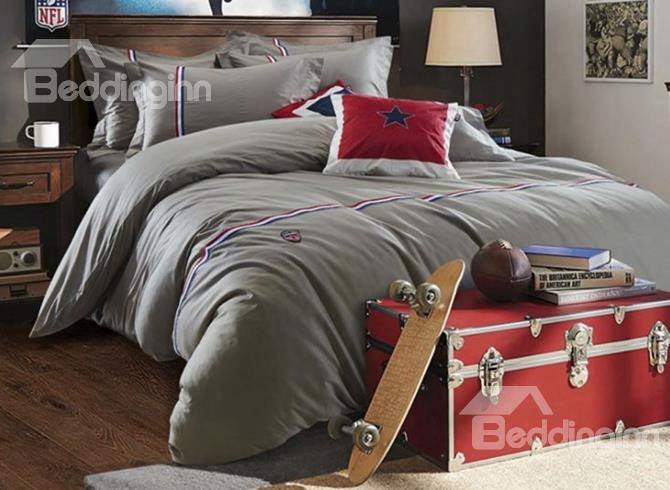 Solid  Gray Color Stripe Print 4-piece Cotton Duvet Cover Sets