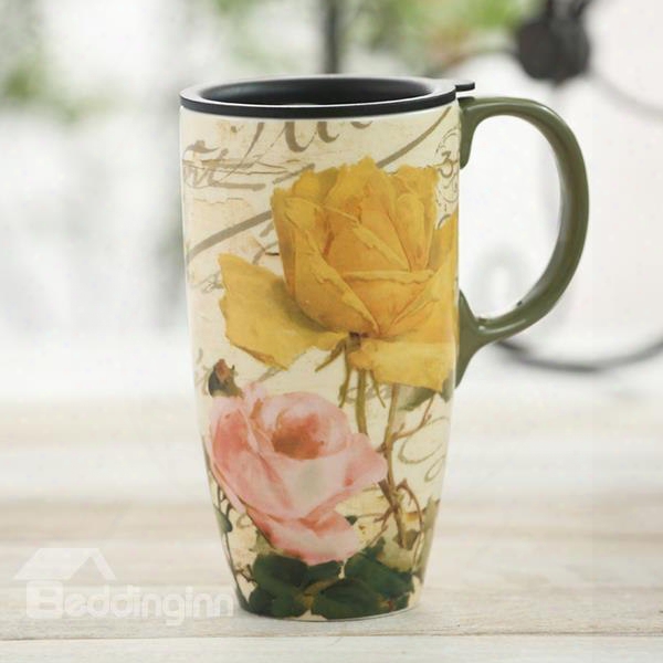 Stunning Pink And Yellow Roses Pattern Ceramic Sealed Lid Tall Coffee Mug Travel Mug