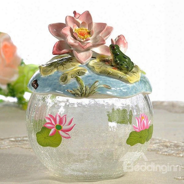 Transparent Ceramic Lotus And Frog Storage Canister Painted Pottery