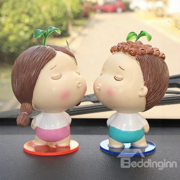 Two Cute Cartoon Child With Grass Ask For Kiss Creative Car Decor