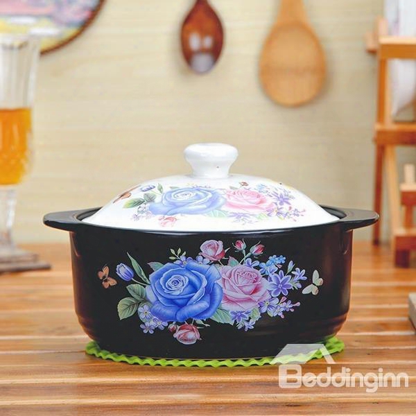 Unique Design Ceramic Rose Pattern Heat-resistinng 3.5l Stockpot