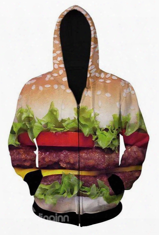 Unique Long Sleeve 3d Pianted Hamburger Pattern Zipper Hoodie For Men