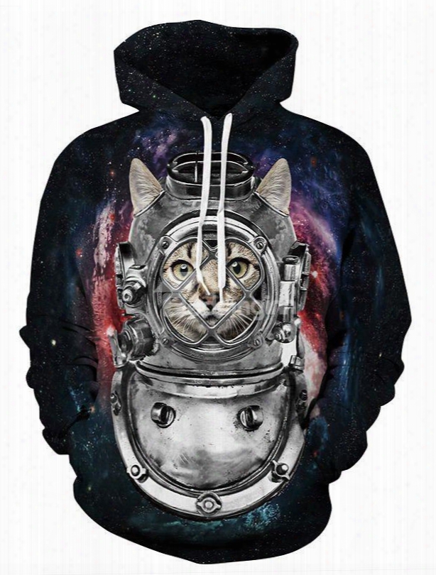 Unique Long Sleeve Cat In Machine Costume Pattern 3d Painted Hoodie