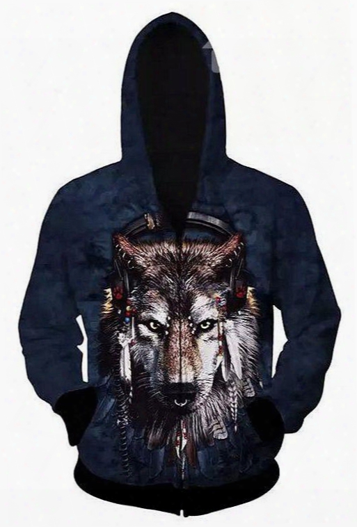 Unique Long Sleeve Zip-front Music Wolve Pattern 3d Painted Hoodie