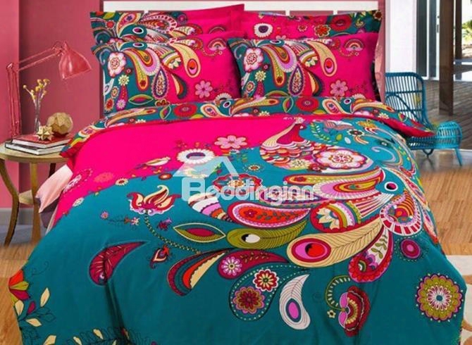 Unique Peacock Feather Printed 4-piece Cotton Bedding Sets/duvet Cover