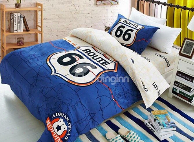 Unique Route 66 Print Blue Cotton 3-piece Duvet Cover Sets