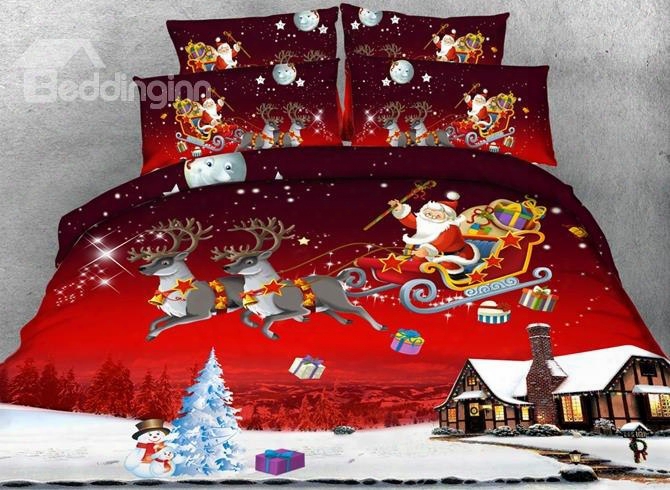 Vibrant Red Santa Claus Christmas Scene Print 5-piece Comforter Sets