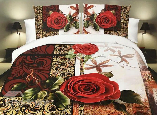 Vivid Red Rose Print 4-piece Polyester 3d Duvet Cover