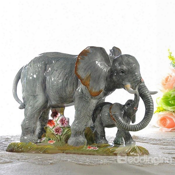 Bright Two Cute Elephant Desktop Decoration Painted Pottery