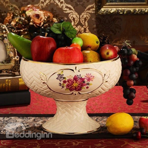 White Beautiful Ceramic Flower Pattern Fruit Compote Painted Pottery
