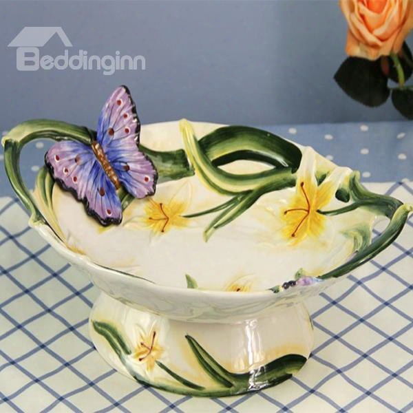 White Ceramic Flower And Butterfly Fruit Plate Painted Pottery