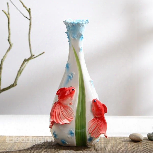 White Ceramic Two Beautiful Goldfish Print Flower Vase Painted Pottery