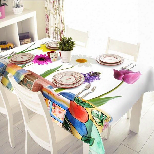 White Rectangle Polyester Flower Pot Pattern Tablecloth