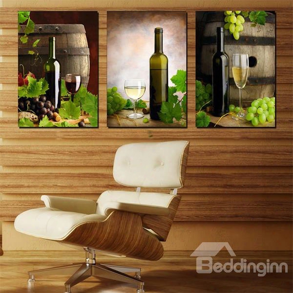 Wonderful Wine Bottle And Glasses And Grapes Canvas 3-panel Wall Art Prints