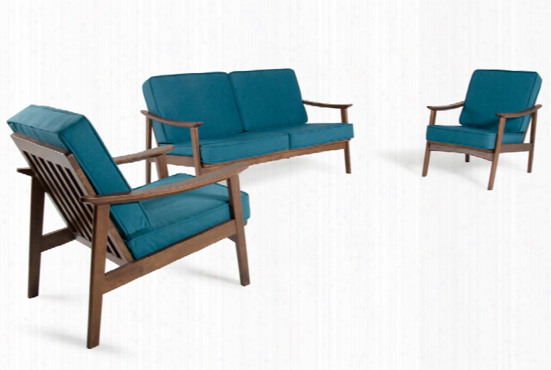 Modrest Extended Elevation Mid-century Blue & Walnut Sofa Set