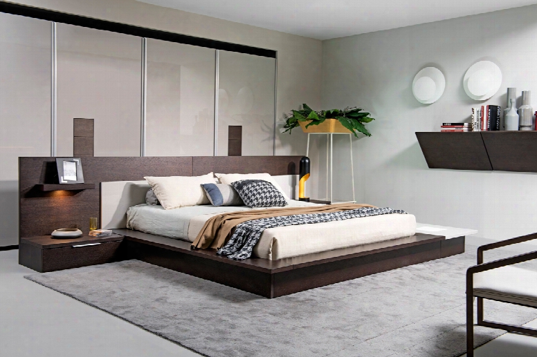 Modrest Torino Contemporary Brown Oak & Grey Platform Bed W/ Lights