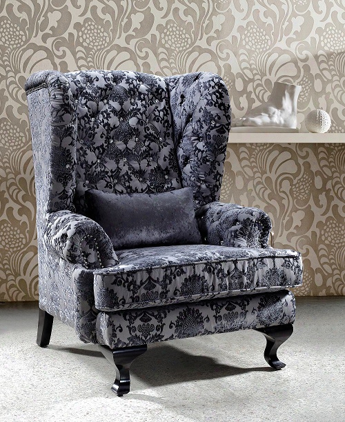 Metropolitan Gra Fabric Wing Chair With Crystals