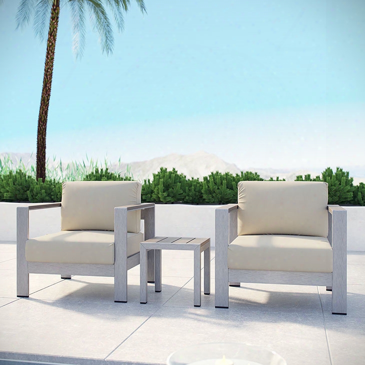 Shore 3 Piece Outdoor Patio Aluminum Sectional Sofa Set In Silver Beige