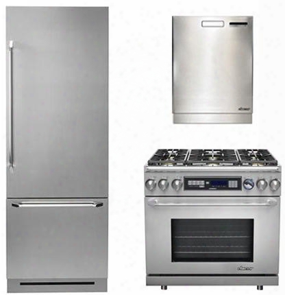 3-piece Stainless Steel Kitchen Package With Dyf30bfbsr 30" Bottom Freezer Refrigerator Er36dclp 36" Dual Fuel Range And A Free Rdw24s 24" Built In Fully