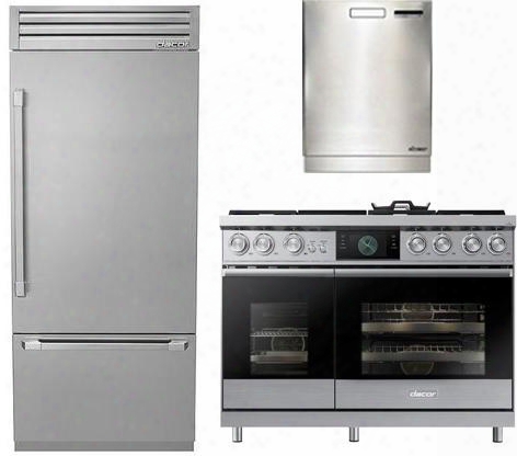 3-piece Stainless Steel Kitchen Package With Dyf36bftsr 36" Bottom Freezer Refrigerator Dop48m96dps 49" Freestanding Gas Range And A Free Rdw24s 24" Built In