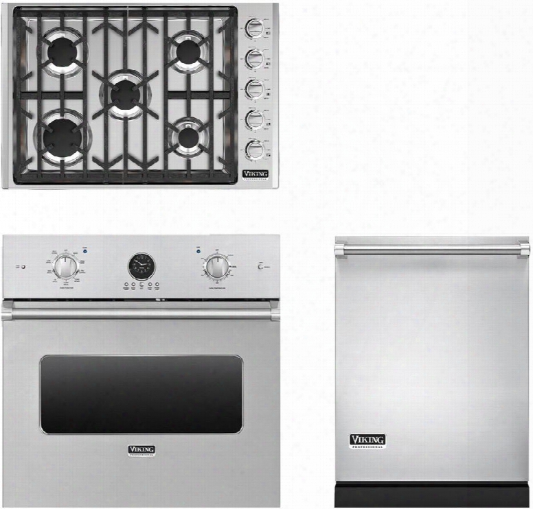 3-piece Stainless Steel Kitchwn Package With Veso5302ss 30" Single Wall Oven Vgsu5305bss 36" Gas Cooktop And Vdw302ss 24" Fully Integrated