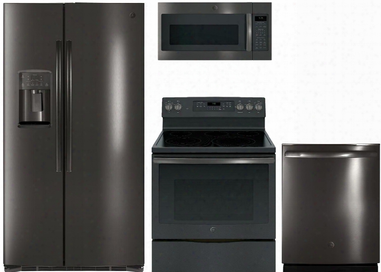 4-piece Black Stainless Steel Kitchen Package With Gse25hblts 36" Side By Side Refrigerator Jb75 0bjts 30" Freestanding Electric Range Jvm7195blts 30" Over