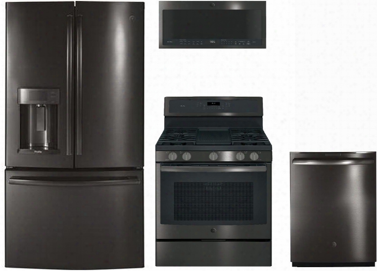 4-piece Black Stainless Steel Kitchen Package With Ppfd28kblts 36" French Door Refrigerator Pgb911bejts 30" Freestanding Gas Range Pvm9005blts 30" Over The