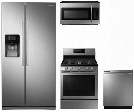 4-piece Kitchen Package With Rs25j500dsr 36" Side By Side Refrigerator Nx58h5600ss 30" Freestanding Gas Range Me18h704sfs 30" Over The Range Microwave Oven