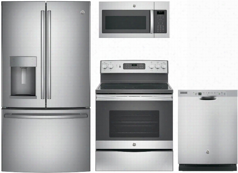 4-piece Stainless Steel Kitchen Package With Gfe28gskss 36" French Door Refrigerator Jb655skss 30" Freestanding Electric Range Jvm6175skss 30" Over The Range