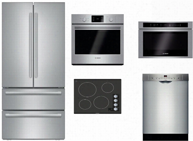 5 Piece Stainless Steel Kitchen Package With B21cl81sns 36" French Door Refrigerator Nem5466uc 24" Electric Smooth Cooktop Hbl5351uc 30" Single Wall Oven