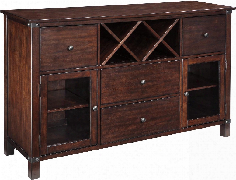 Collenburg Collection D564-60 60" Dining Room Server With Wine Rack 4 Drawers 2 Windowed Doors 2 Adjustable Interior Shelves And Round Metal Knobs In Dark