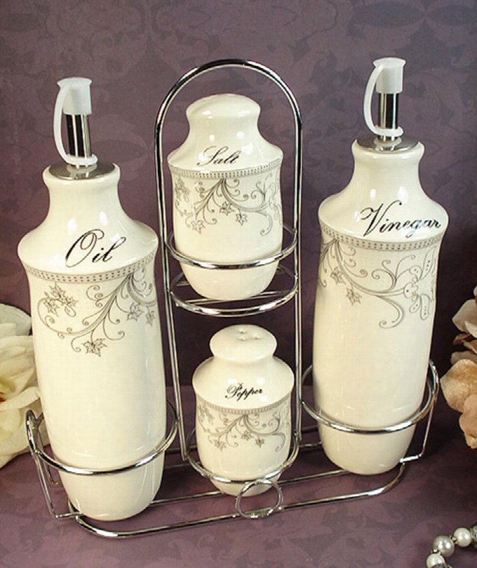 Cs35 D'lusso Designs Damask Design Four Piece Oil Vinegar Salt Pepper Set With Metal