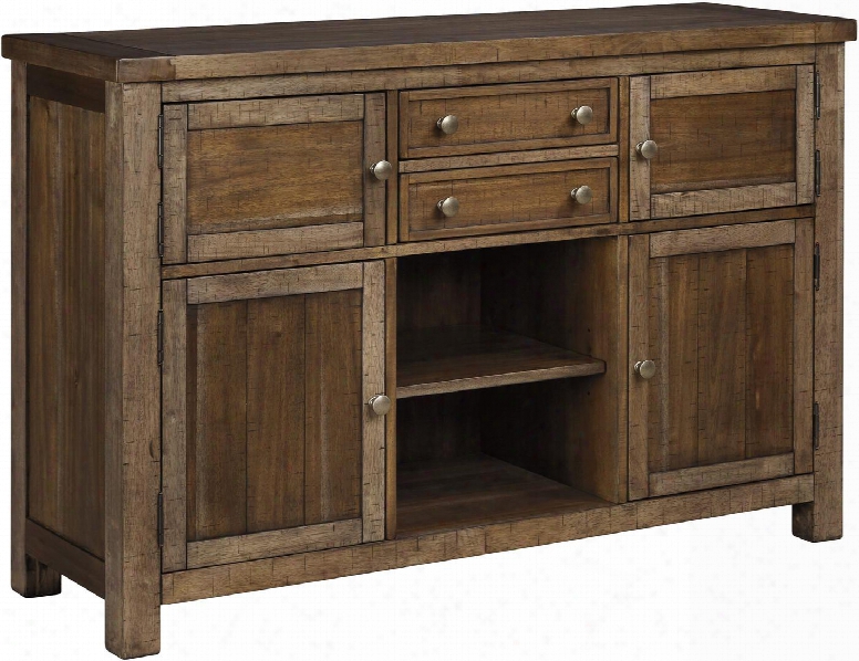 Moriville Collection D631-60 56" Dining Room Server With 2 Drawers 4 Doors Antique Bronze-tone Knobs Distressing Details Planked Cabinet Doors And Table