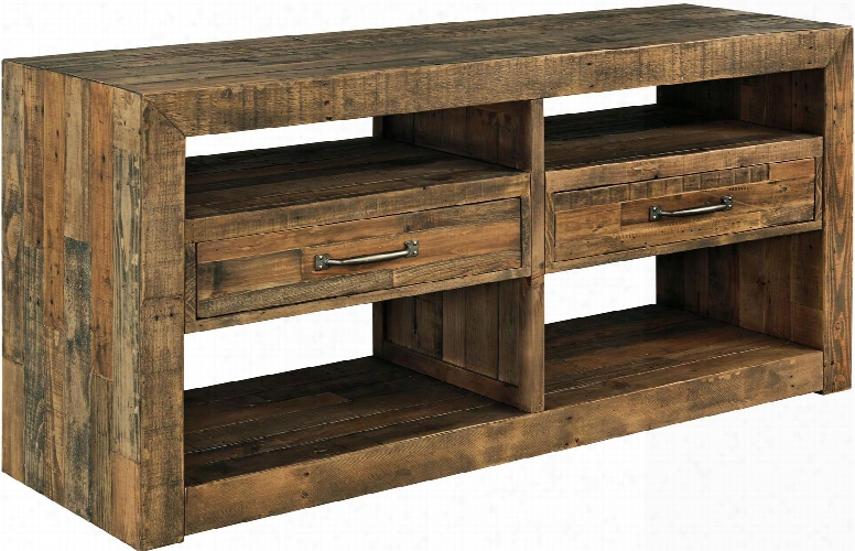 Sommerford Colelction D775-60 62" Dining Room Server With 2 Drawers 4 Open Compartments Butcher-block Planking Tonal Variations Raw Distressing And