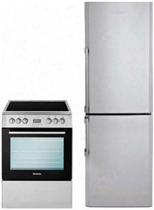 2 Piece Kitchen Package With Beru24100ss 24" Electric Freestanding Range And Brfb1522ss 28" Bottom Freezer Refrigerator In Stainless