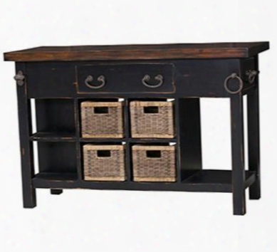 23653 Aries Umbria Kitchen Island With 4 Removable Wwicker Baskets 1 Drawer Vintage Black Top Ad Bottom Shelf In Black Distressed