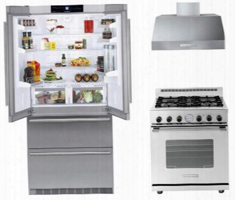 3 Piece Kitchen Package With Cbs2062 36" French Door Refrigerator Rn301gcss 30" Gas Freestanding Range And Hp301bss 30" Range Hood In Stainless