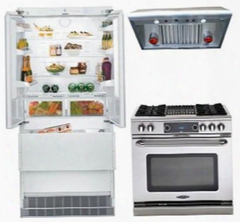 3-piece Kitchen Package With Hcb2062 36" French Door Refrigerator Cob362b2n 36" Freestanding Gas Range And Psvh36 36" Under Cabinet Ducted Hood In Stainless