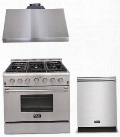 3-piece Package With Krg3618u 36" Gas Range Krh3605u 36" Under Cabinet Hood And K6502d 24" Dishwasher In Stainless