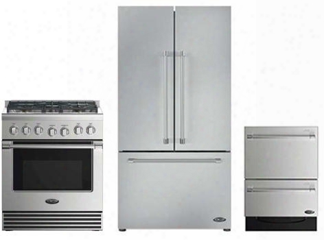 3 Piece Stainless Steel Kitchen Package With Rdv2305l 30" Gas Freestanding Range Rf201acjsx1 36" French Door Refrigerator And Dd24dv2t7 24" Drawers